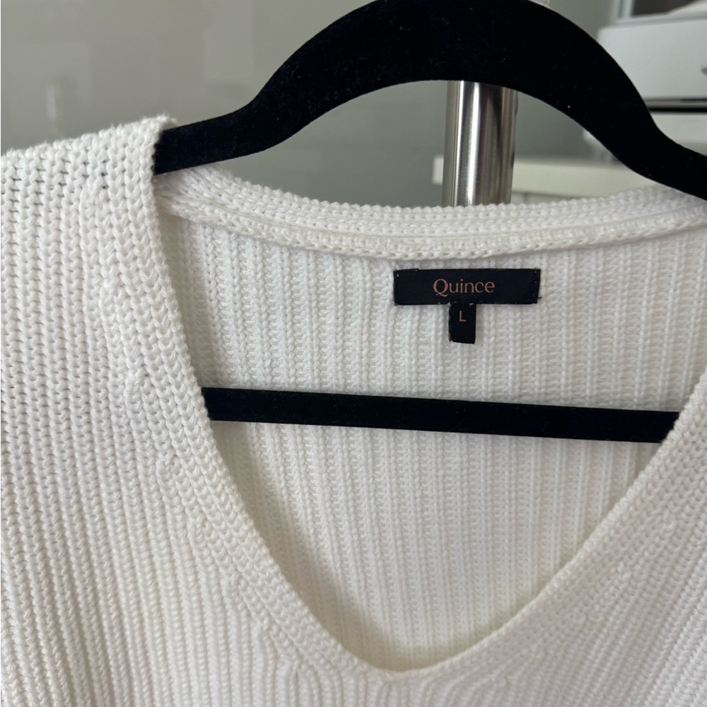 Quince 100% Organic Cotton Fisherman V-Neck Sweater - Ivory White - Picture 2 of 2